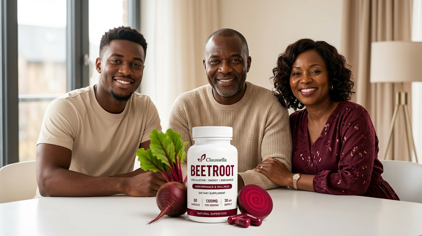 Ghanaian family with a bottle of Clausella beetroot capsules