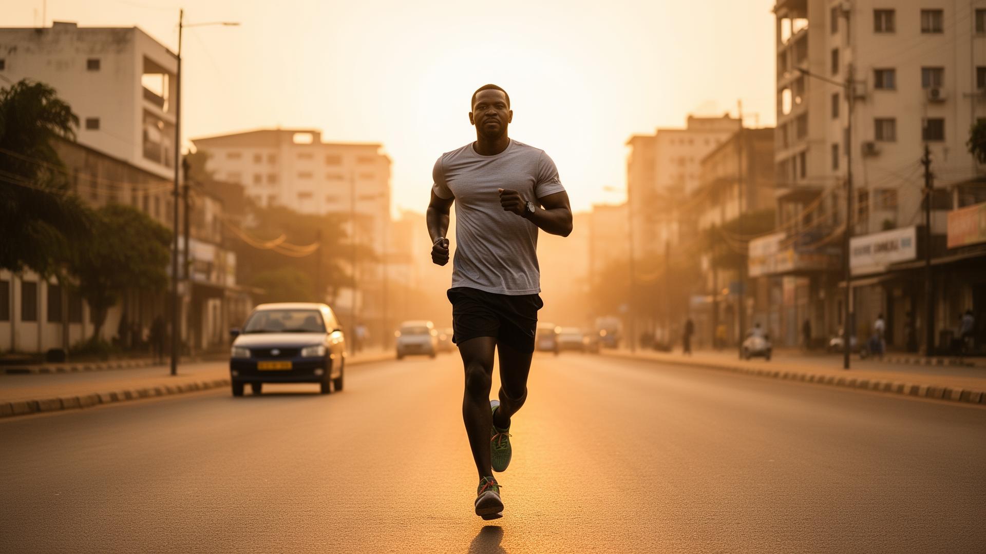 Ghanaian man jogging at sunrise in Accra